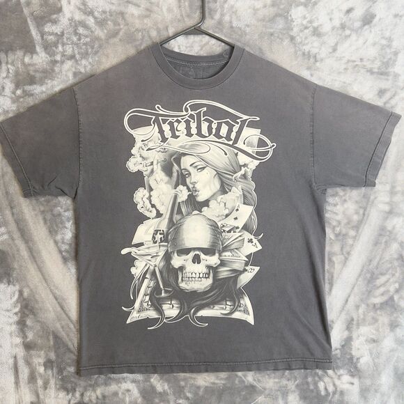 Y2K Tribal Black Short Sleeve T Shirt Tattoo Skull Cards Art X-Large - Picture 1 of 7
